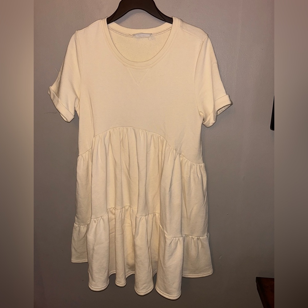 The Native One dress - cream 100% cotton tiered mini dress w/pockets - Picture 2 of 9